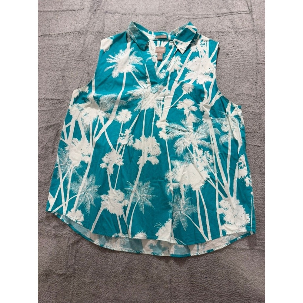 Chico's Sleeveless Blouse Womens Size 3 Teal Palm Print Tropical Resort - Picture 2 of 11